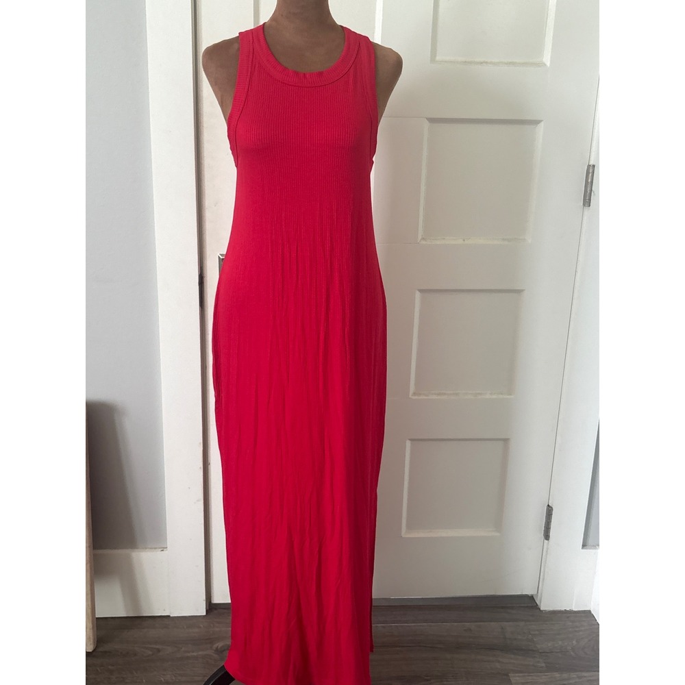 Loft Red Ribbed Maxi Dress Sleeveless Crew Neck Size L NWT 34963487
